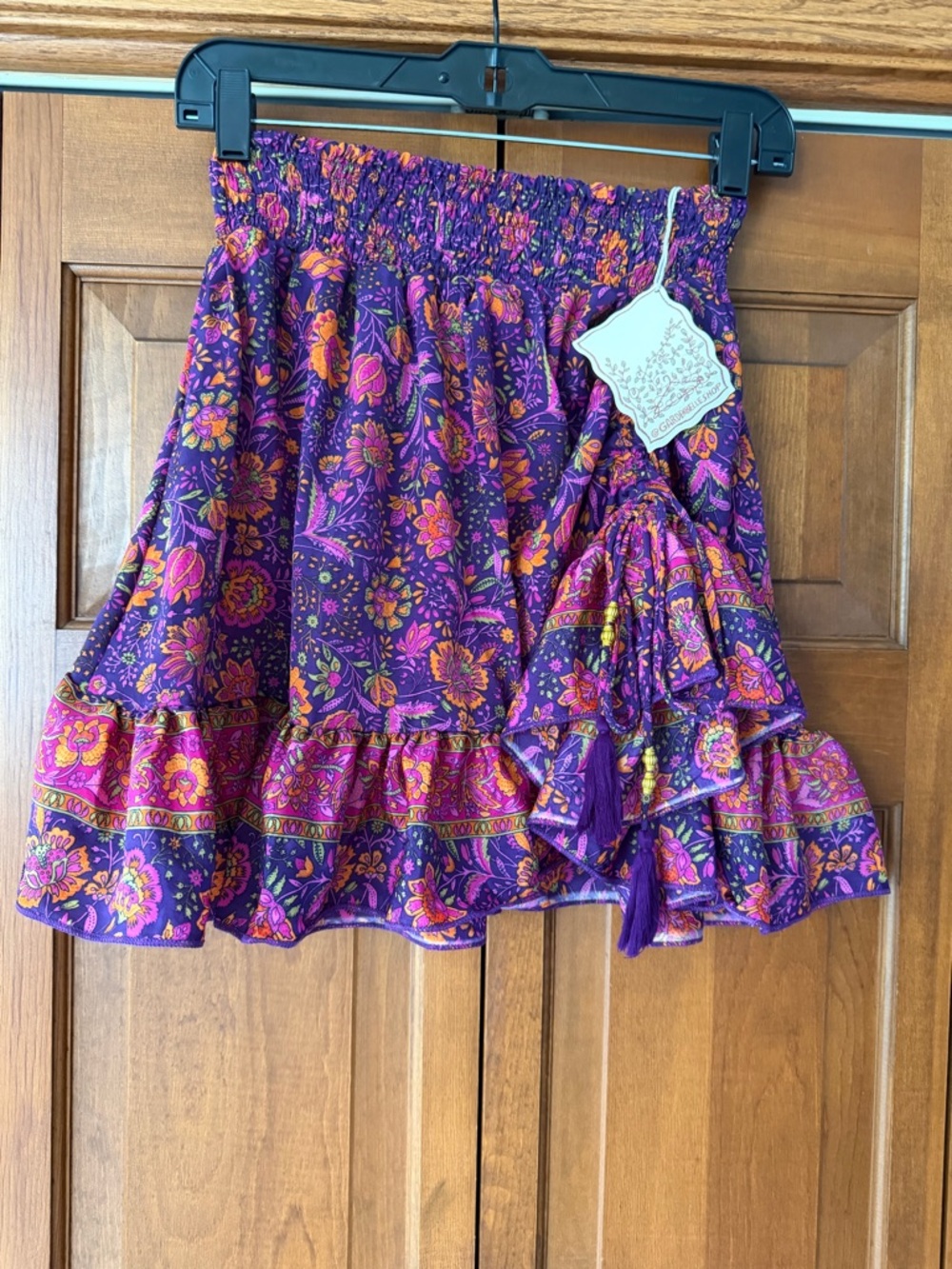 Purple Floral Smocked Mini Skirt with Ruffle Trim